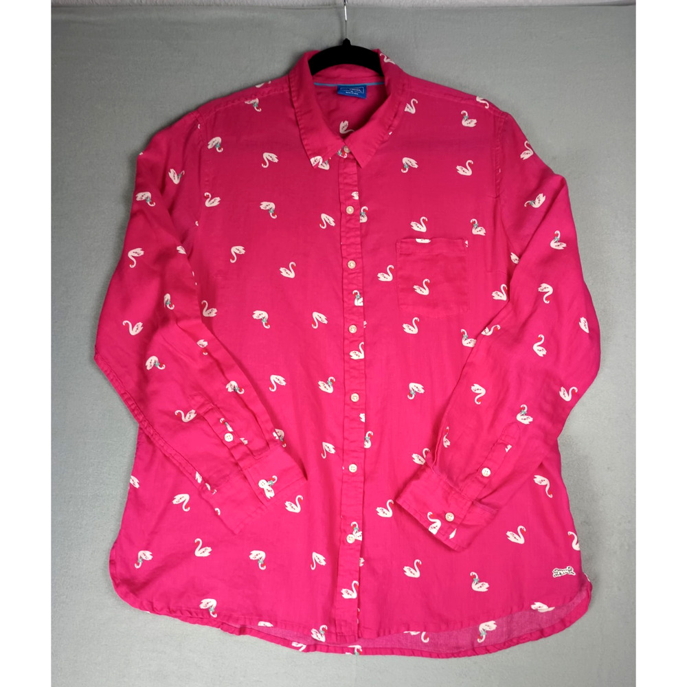 Le Tigre Women’s XL Pink Swan Print Button Front Shirt Long Sleeve Cotton Top